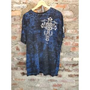 Archaic Mens Thermal T Shirt L Black Blue Waffle Knit Graphic Cross Angel Wings